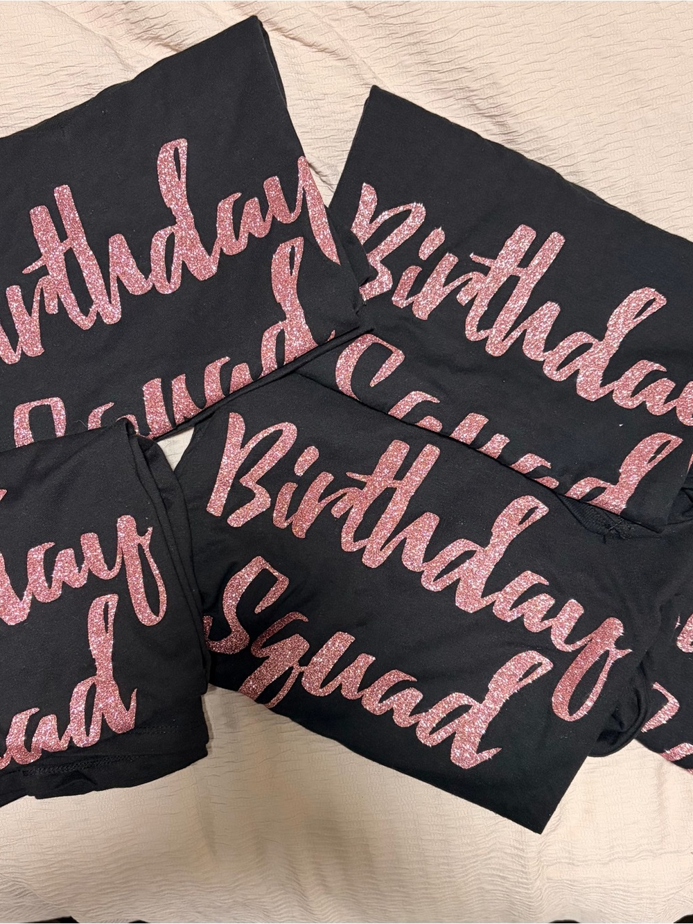Black "Birthday Squad" T-Shirts with Pink Glitter Text